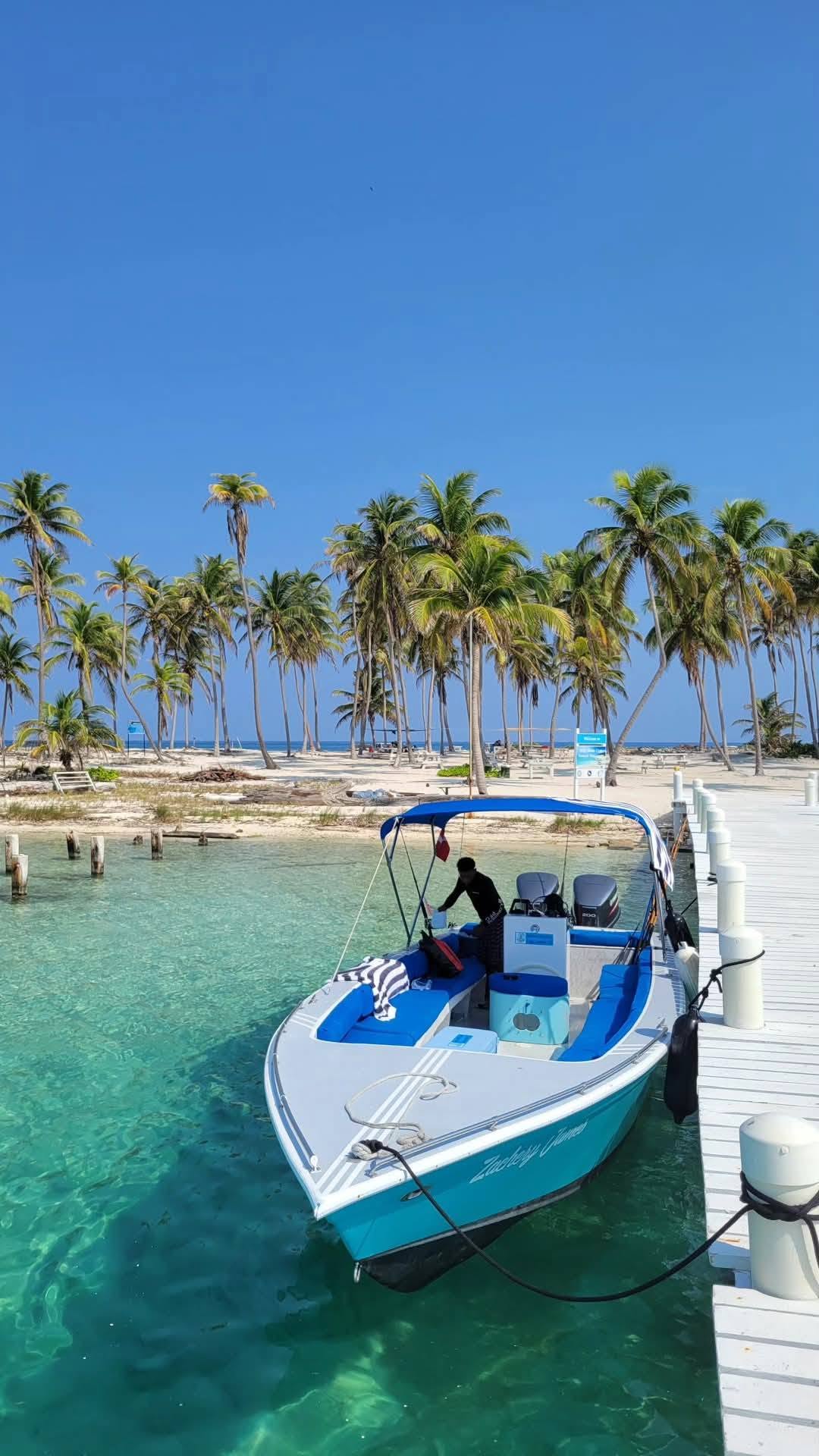 Fabulous Adventures boat alongside a dock with palms on shore